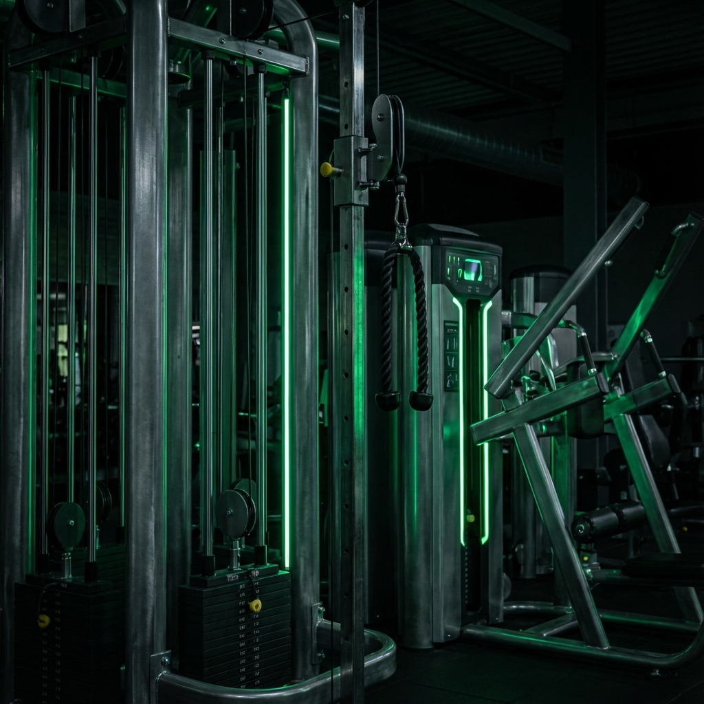 Modern gym equipment close up, dark moody lighting, metallic textures, neon green accents, fitness concept, no people, no woman